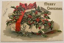1907 H I Robbins Merry Christmas postcard gift box full of holly picture