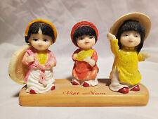 Vietnamese Three Girls Child Figurine Souvenir Wood Base Hand Painted 5