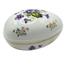 Lefton Floral Egg Shaped Porcelain Trinket Box Vintage Made in Japan Purple Gold picture