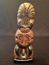 Vintage New Zealand Maori Tekoteko Wood Totem Paua Shell Eyes God Figure Tiki picture
