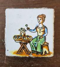 FREE SHIPMENT Antique TILE delft Polychome Dutch Woman sells Sweets Basket picture