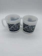 Vintage GLASBAKE Currier & Ives Farm Milk Glass Coffee Mugs Set of 2 Made In USA picture