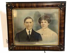 Antique  Glass Frame Tiger Wood Stripe Hand Colored Picture Couple Photo 21”x25” picture