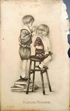 Playing Barber Children Cutting Hair Antique Postcard c.1910 HEAVY DAMAGE picture