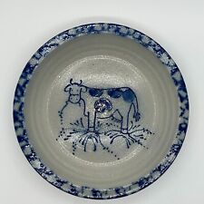 Vintage Eldreth Cow In Field Blue Salt Glazed Pottery Pie Plate Bowl 8” Signed picture