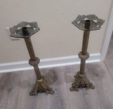 Antique Pair Brass Candle Holders Church Heavy 24” picture