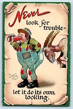 Dwig Raphael Tuck Signed Postcard Never Look For Trouble Goat And Fat Man c1910s picture