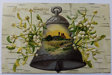 Antique 1907 Christmas Flowers & Gray Bell With House Inside Christmas Postcard picture