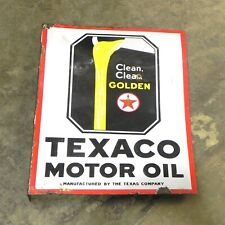 VINTAGE TEXACO MOTOR OIL CLEAN GOLDEN PORCELAIN SIGN DOUBLE SIDED W/FLANGE USED picture