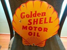 VINTAGE GOLDEN SHELL MOTOR OIL PORCELAIN SIGN GAS AND OIL ADVERTISING picture