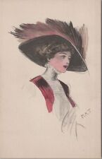 Postcard Fancy Lady Red Feathered Hat Artist Signed MAJ picture
