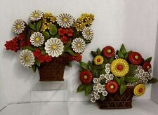 SYROCO Pair Of Vintage 1975 PLASTIC WALL PLAQUES Colorful Basket Of Flowers USA picture