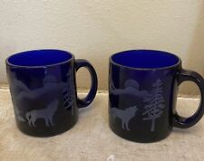 Vintage Cobalt Blue Glass Mugs Etched Wolf and Moon Made in USA picture