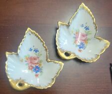 2 Vintage Limoges Floral Flower Trinket Dish Ash Tray Leaf Shaped Gold Gilt picture