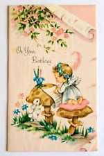 Vintage 1950s Angel Writing Letter Two Mushrooms Unused Birthday Card Adorable  picture