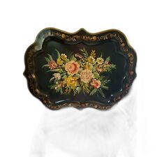 Vintage hand painted black tole tray; large size; gorgeous flowers picture