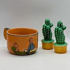 Rare 1920'S/30'S Mexican Pottery Mug Paired w/ Vintage Cactus Salt & Pepper Set picture