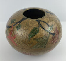 Vintage Etched Painted Brass Bowl Round Oriental Flower Vase  picture