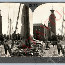 c1910s Stockholm Sweden Town Hall Quay Ship Boat Cargo Real Photo Stereoview V45 picture