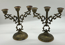 Vintage Solid Brass 3 arm Mini Candelabras w/ Ornate Filigree Set of 2 picture