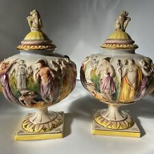 Antique CAPODIMONTE Covered Urn Matching Pair Hand Painted Gold Gilt Trim picture
