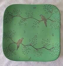 Vintage EMILIA CASTILLO Plate Platter Green w Silver Inlay Parrots 11