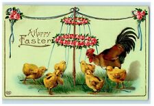 c1910 Greetings A Happy Easter Rooster Chicks Pink Rose Flowers EAS Gel Postcard picture