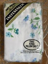 Vintage 1970s 80s NOS Tastemaker No Iron Blue Flowers Two King Pillowcases picture