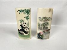 Vintage Asian Chinese Hand Painted Stone Table Screen Panda Bamboo Mountains picture