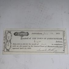 Antique 1873 Signed Receipt for State Aid - Town of Ashburnham Massachusetts MA picture