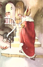 Vintage BELGIUM Christmas Postcard St Nicolas Greets Children in Arched Doorway picture