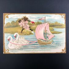 Antique VTG Greetings Postcard Swan Boat Forget Me Not Embossed Cottage UNUSED picture