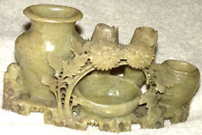 Vintage Chinese Hand Carved Pale Green Jadeite Floral 4 Flowers Holder S picture