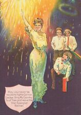 Patriotic Embossed July 4th Antique Postcard Lady Sparkler Boys Firecrackers picture
