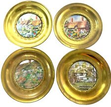 Vintage Solid Brass Foil Art Made In England Wall Hanging Picture Plates - Set 4 picture