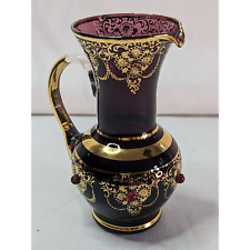 Vintage Antique Dark Purple Glass Vase Pitcher w/ Red Stones Gold Trimmed Small picture