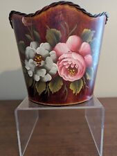 Vtg Hand Painted Folk Art Round Toleware Cachepot Planter Letter-caddy Waist-can picture