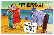 c1930's Camera Man Taking Photo Let Us Photograph Your Catch Fat Woman Postcard picture