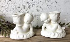 Pair Of Vintage Cherub Angel Ceramic Candleholders 2pc picture