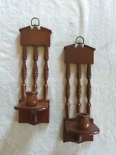 Pair of Vintage Wooden Spindle Back Wall Hanging Candle Holders Retro Light picture