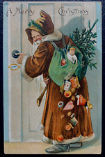Long Brown Robe~Santa Claus with Toys~Tree-Fruit~Antique~Christmas Postcard~k158 picture