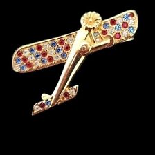 Vtg Swarovski Signed Swan Red White Blue Crystal Gold Tone Airplane Brooch Pin picture
