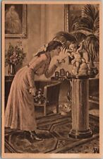 c1910s European Artist-Signed Greetings Postcard Pretty Lady Talking to Statue picture
