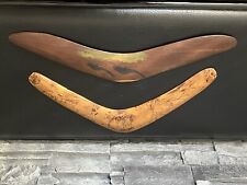 2 ANTIQUE AUSTRALIAN HAND PAINTED CARVED WOOD BOOMERANGS FROM WWII ERA picture