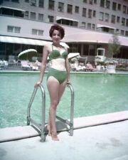 Linda Cristal 1960's glamour pose in green bikini by hotel pool 8x10 inch photo picture