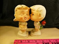Kissing Girl Boy w Flower Magnetic Ceramic Bobblehead Nodders Vintage Enesco SET picture