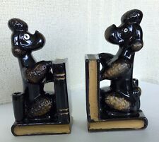Vintage Pair Ceramic Black Poodle Dog Bookends 1950s Pen Holders Desk Set Japan picture