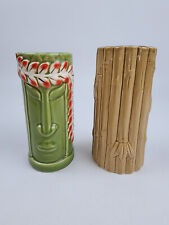 Set of 2 Hawaii Tiki Ceramic Mugs/Tumblers Green w/White & Red & Tan picture