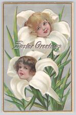 Postcard Easter Greetings Flower Girls Lily Winsch Back Embossed Vintage 1909 picture