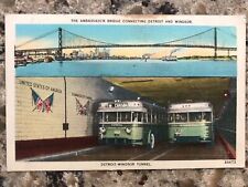 Vntg Linen Postcard - Ambassador Bridge & Tunnel Connecting Detroit & Windsor picture
